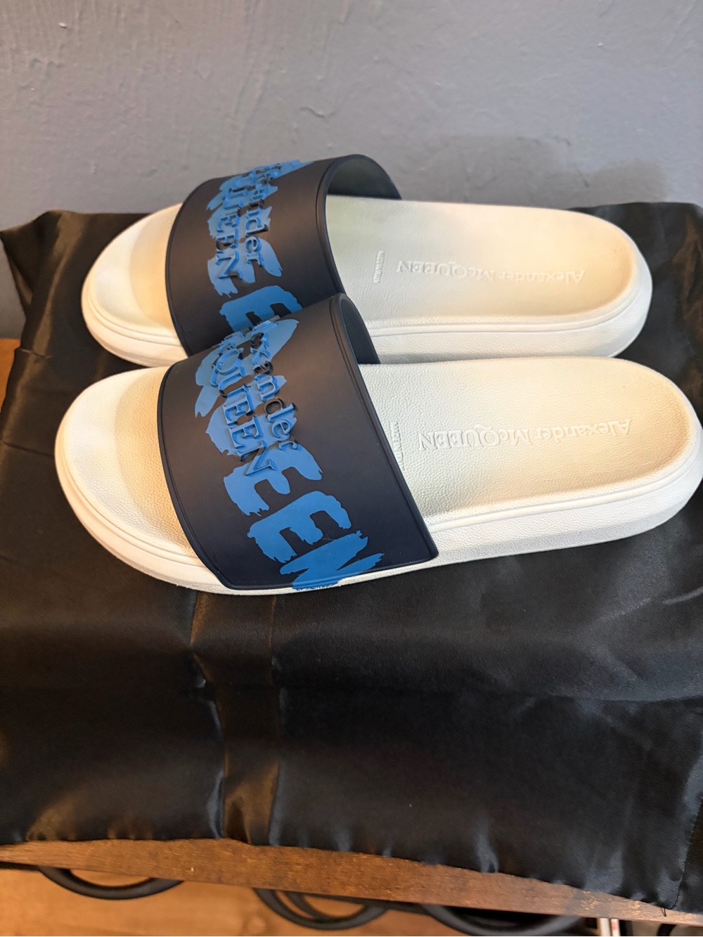 Alexander McQueen Graffiti Logo Slides, Navy/Blue